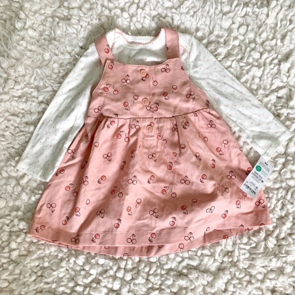 New Carters Pink Cherry 🍒 Polka Dot Patterned Pinafore Dress + Onesie 9 Months